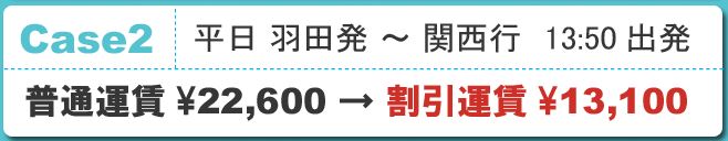 Case2 平日 羽田発 ～ 関西行　13:50出発 普通運賃\22,600 &rarr; 割引運賃\13,100