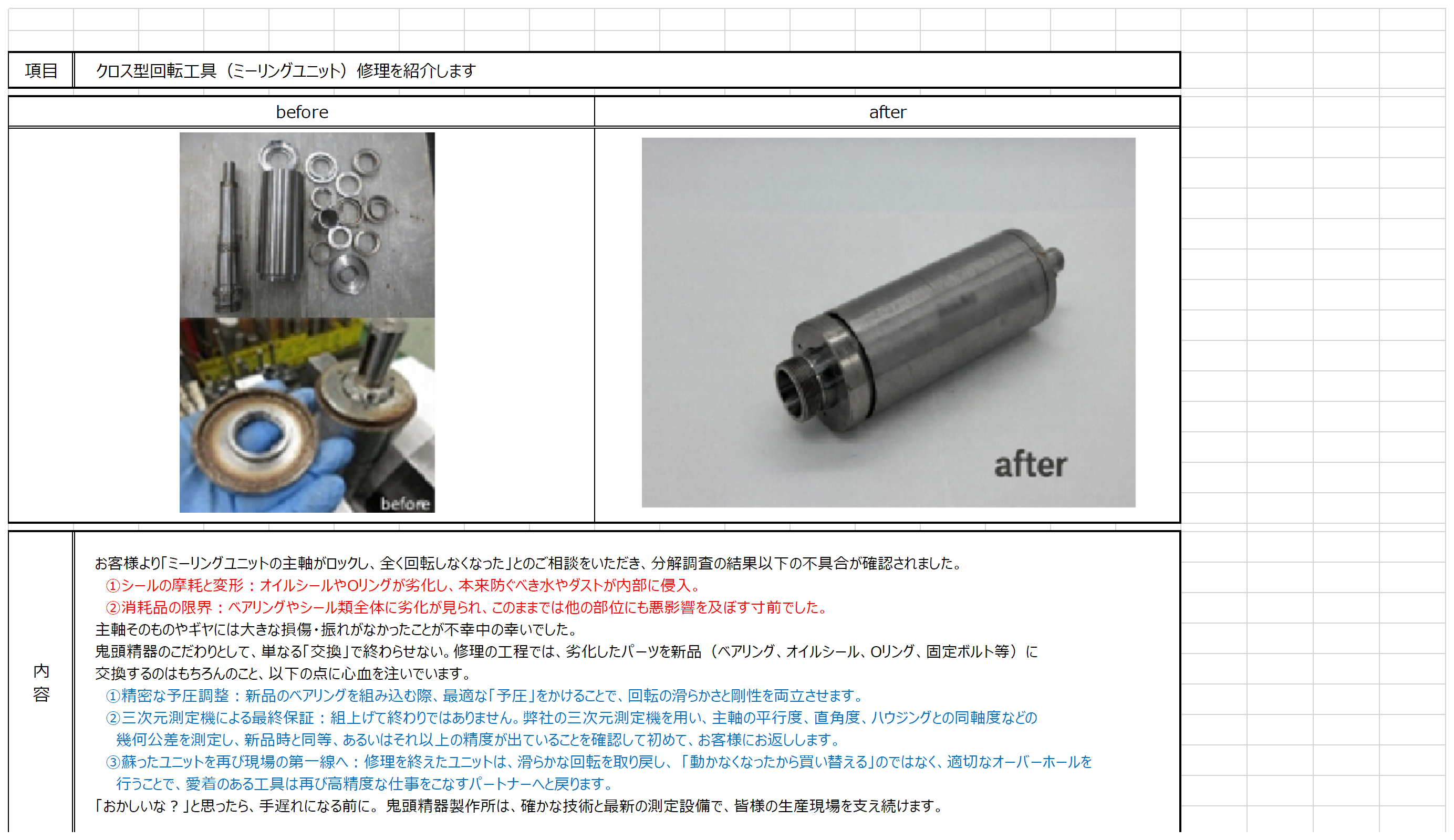 クロス型・回転工具（ミーリングユニット）修理を紹介します